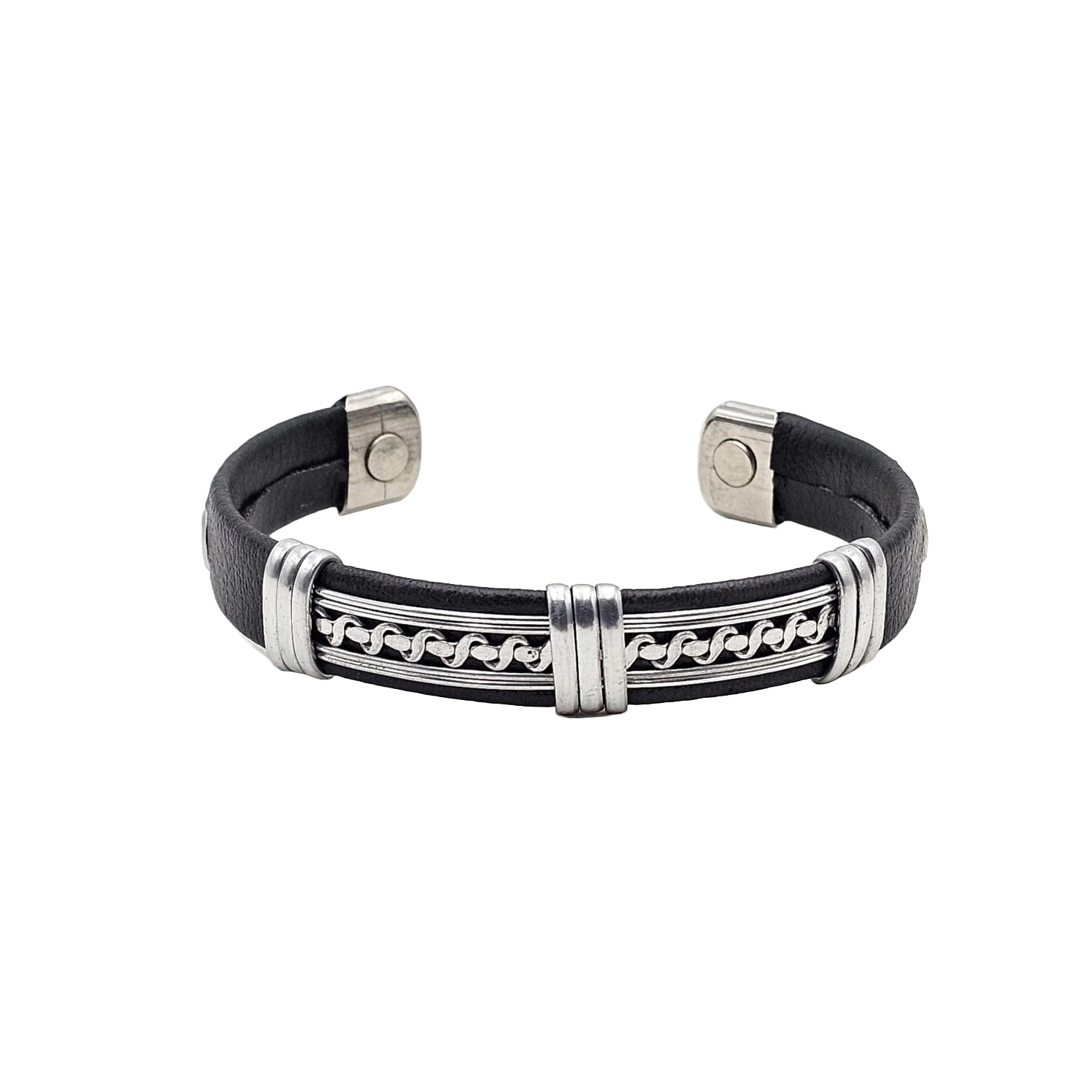 Solid Copper pvc Leather Wrapped Magnetic Bracelet Cuff: Silver Tone - B