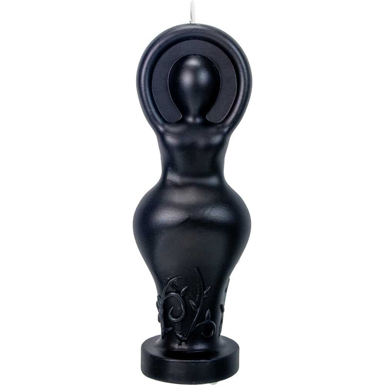 Black goddess figure candle with crescent moon shape for altar or spiritual rituals.