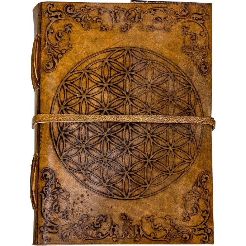 Embossed leather journal with flower of life and ornate corner designs, metaphysical stationery