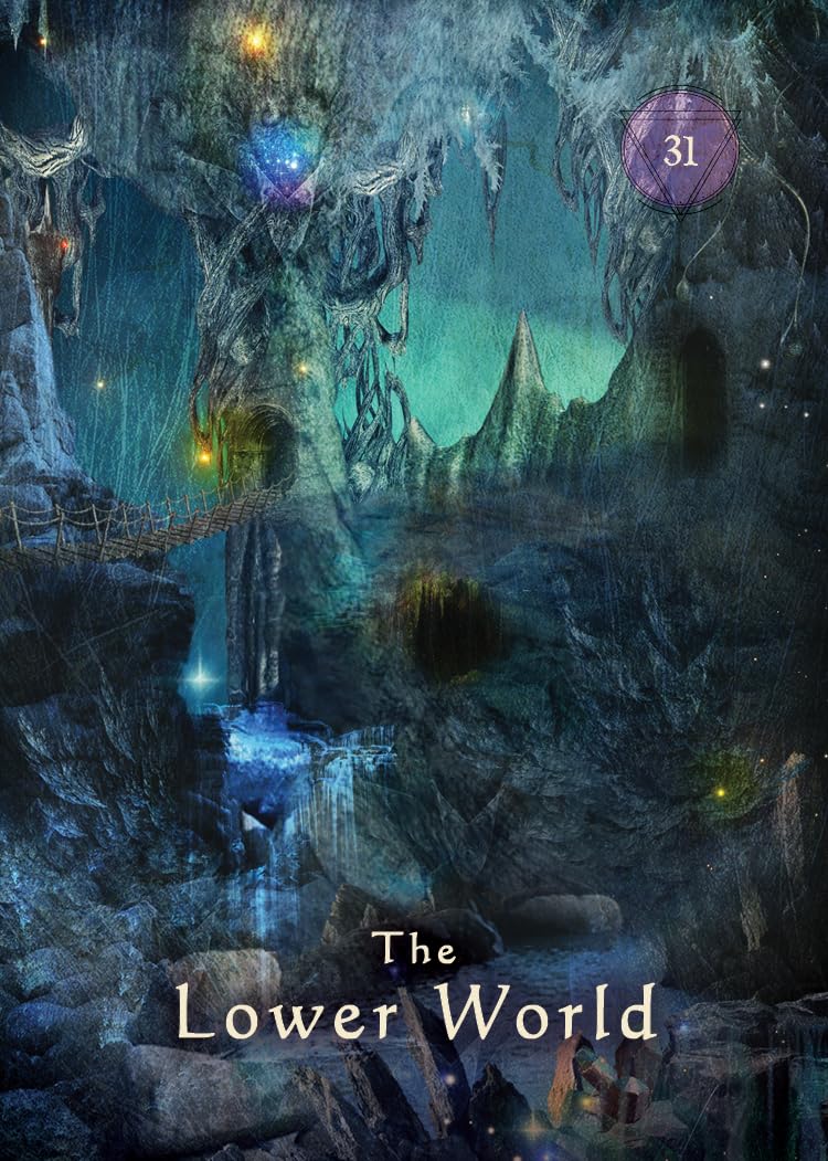 Fantasy tarot card titled The Lower World, showing mystical cave, glowing lights, and rope bridge.
