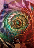 Colorful spiral tarot card with leaf pattern, labeled 'The Spiral' and number 50.