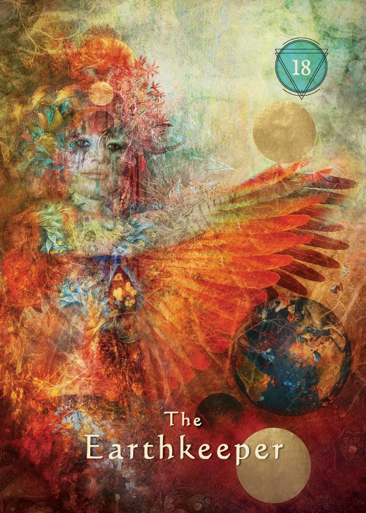 Colorful tarot card depicting The Earthkeeper, featuring a mystical figure with feathers, earth imagery, and vibrant spiritual symbols.