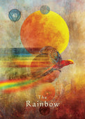 Colorful bird flying with a rainbow and large sun, tarot card labeled The Rainbow, number 41.