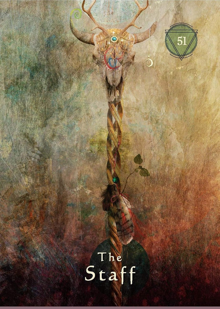 Mystical tarot card titled 'The Staff' featuring a twisted staff with a decorated animal skull, feathers, and earthy background.