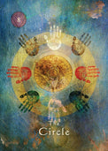 The Circle tarot card with colorful handprints around a golden mandala on textured blue background.