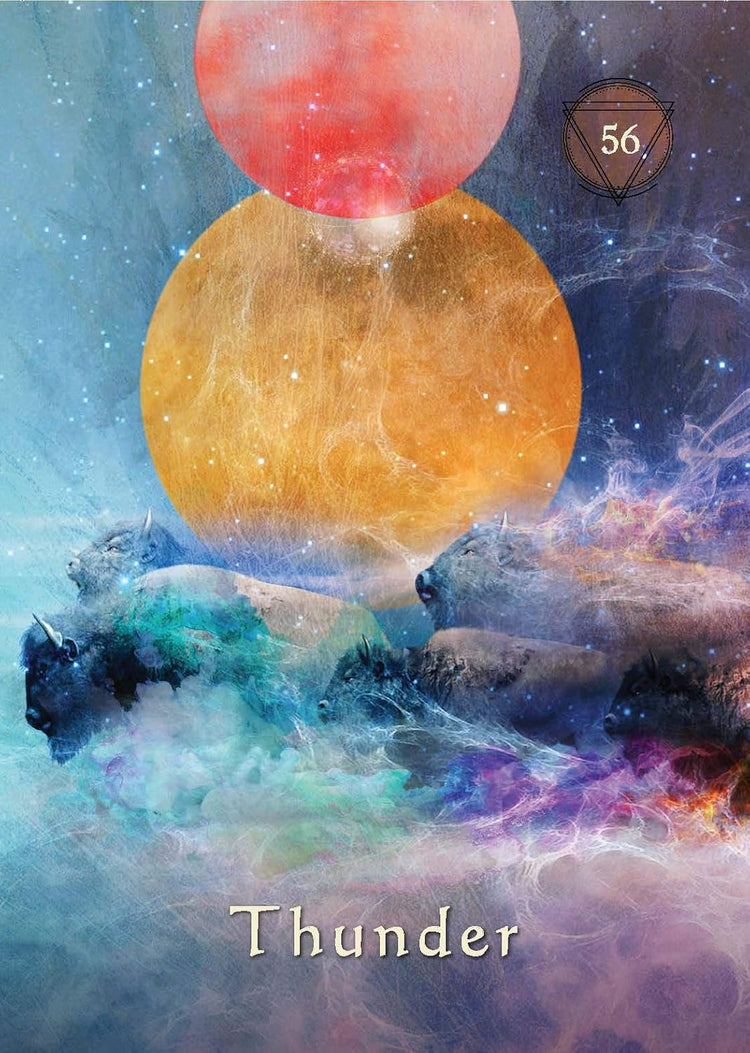 Mystical tarot card featuring running bison, vibrant orbs, stars, and the word Thunder.