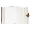Open blank journal with vintage brass clasp and stitched binding, perfect for writing or sketching
