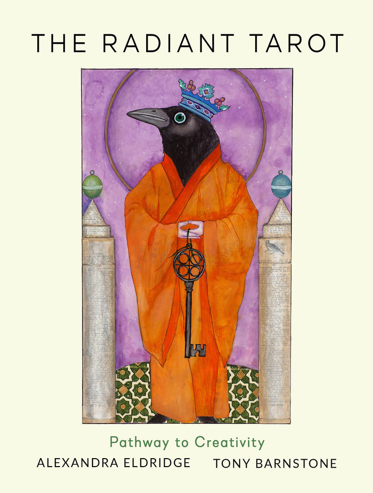 Radiant Tarot deck cover showing crowned raven in orange robe, holding key, mystical art