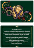 Tarot card with mystical snake, moon, flowers and a message about crystal protection benefits.
