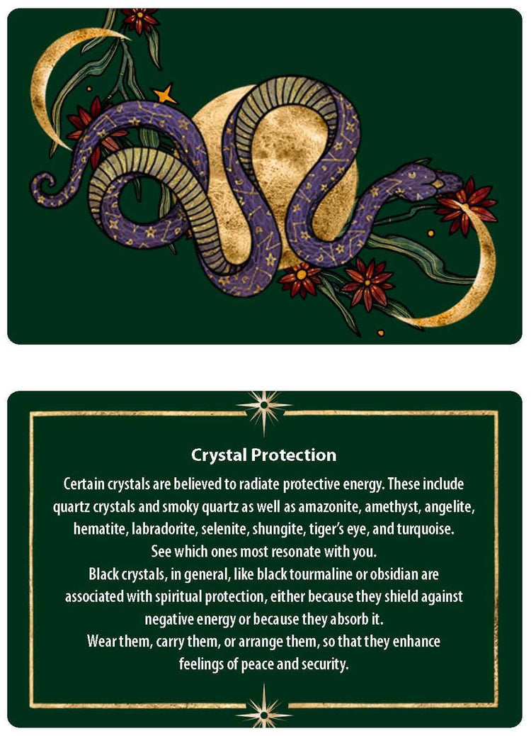 Tarot card with mystical snake, moon, flowers and a message about crystal protection benefits.