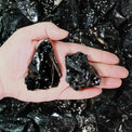 Hand holding two snowflake obsidian crystals with black and white speckled pattern