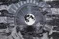 Black and white illustration of a celestial scene with a moon and sun.