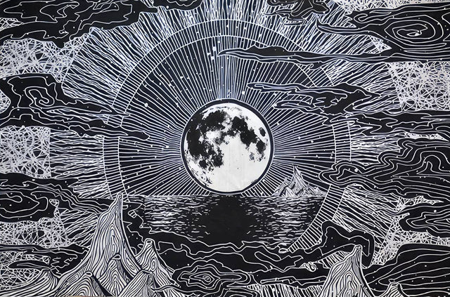 Black and white illustration of a celestial scene with a moon and sun.