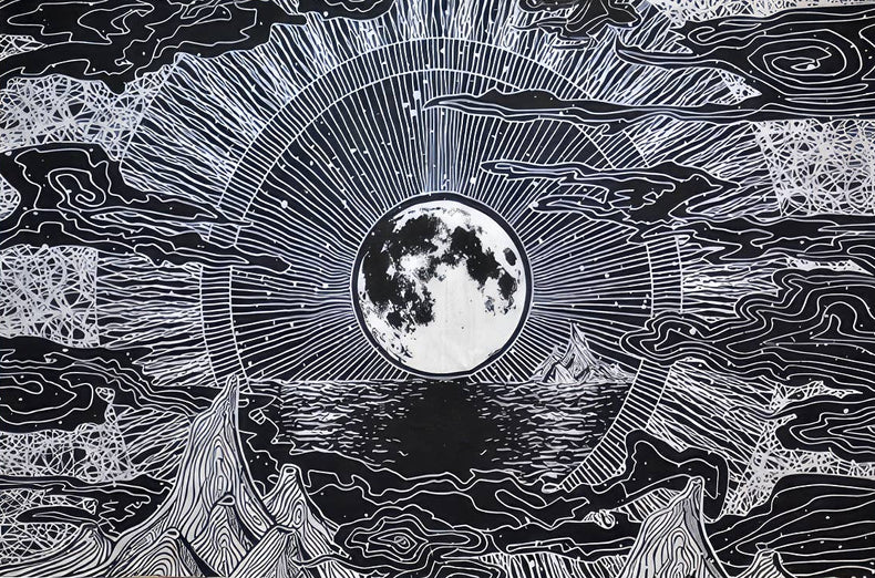 Black and white illustration of a celestial scene with a moon and sun.