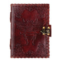 Brown leather journal with embossed bee design and metal clasp, metaphysical notebook