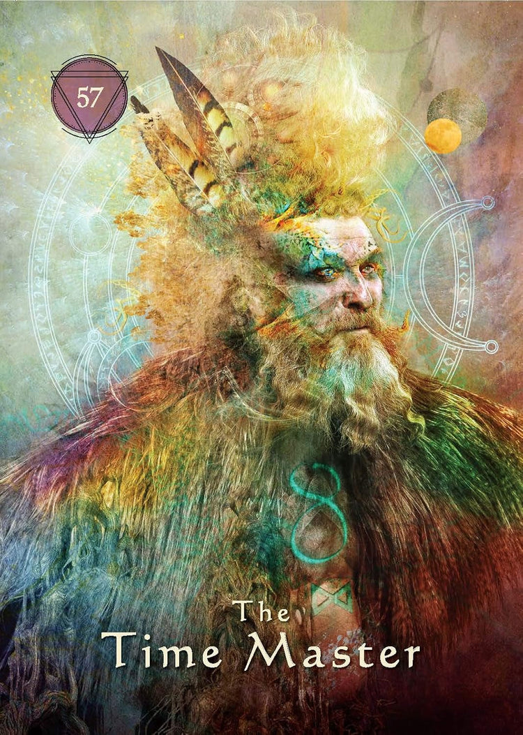 Mystical tarot card featuring the Time Master, an elder with feathers, cosmic and rune symbols.