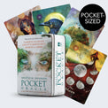 Mystical Shaman Pocket Oracle tin with illustrated tarot cards featuring animals, celestial and mystical art, labeled as pocket-sized.