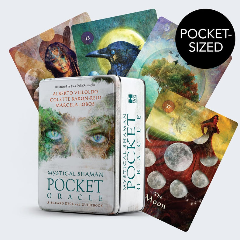 Mystical Shaman Pocket Oracle tin with illustrated tarot cards featuring animals, celestial and mystical art, labeled as pocket-sized.