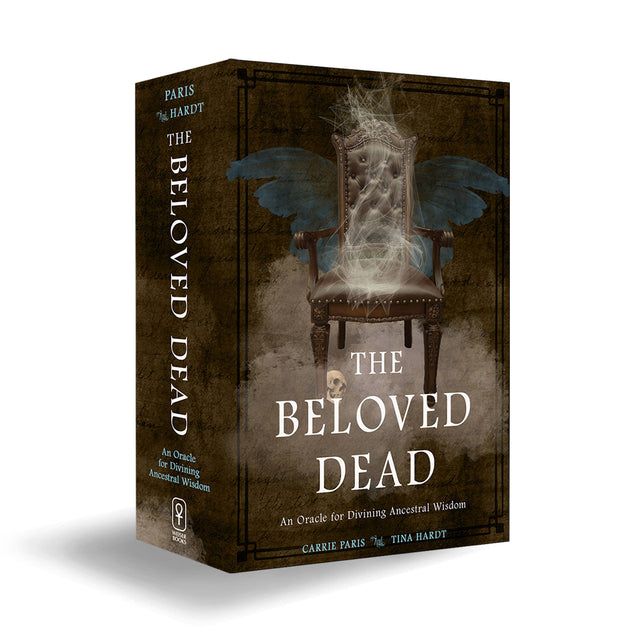 The Beloved Dead oracle card deck box with a winged chair and mystical skull design