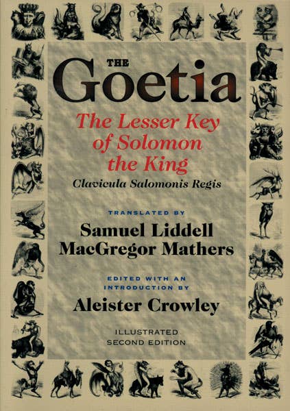 Cover of The Goetia book featuring occult illustrations and esoteric symbols