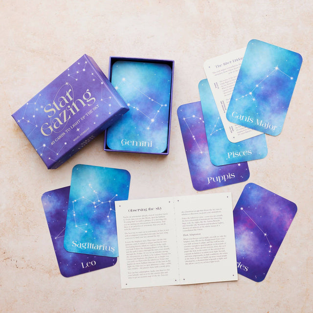 Star Gazing constellation cards with zodiac signs like Gemini, Sagittarius, and Canis Major for sky observation