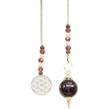 Crystal pendulum with purple and clear beads, metal flower of life charm on silver chain