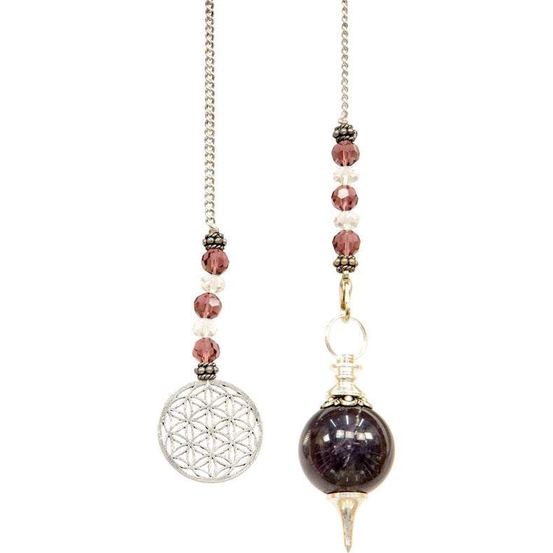 Crystal pendulum with purple and clear beads, metal flower of life charm on silver chain