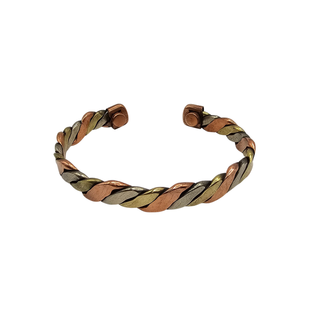 Twisted tri-metal copper, brass, and silver tone healing bracelet for spiritual energy and balance