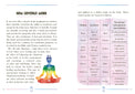 Infographic explaining how crystals work, featuring a chakra chart and a meditating rainbow figure.