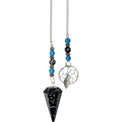 Snowflake obsidian pendulum with blue beads and small dreamcatcher charm on silver chain