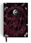 Shadows of Tarot spread journal with moon, moths, and ornate pink design on dark cover