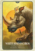White Rhinoceros tarot card with sunburst background, symbolizing stability and abundance for spiritual practice