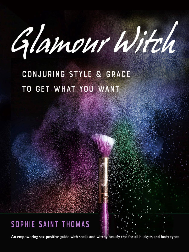 Glamour Witch book cover with a makeup brush and colorful powder, mystical beauty, metaphysical book