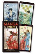 Manga Tarot deck with anime-style cards featuring Knave of Swords, Six of Pentacles, and World tarot illustrations