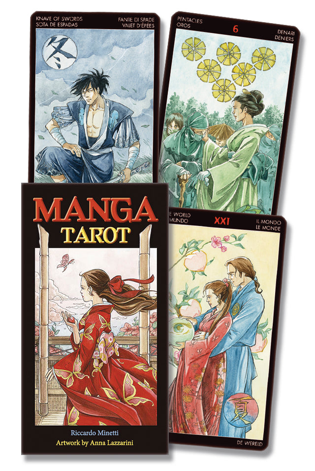 Manga Tarot deck with anime-style cards featuring Knave of Swords, Six of Pentacles, and World tarot illustrations