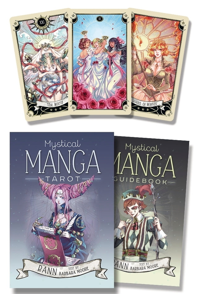 Mystical Manga Tarot deck with guidebook, featuring anime-style cards like The World and Queen of Wands for spiritual readings.