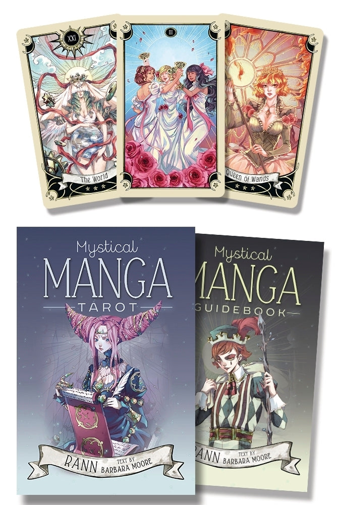 Mystical Manga Tarot deck with guidebook, featuring anime-style cards like The World and Queen of Wands for spiritual readings.