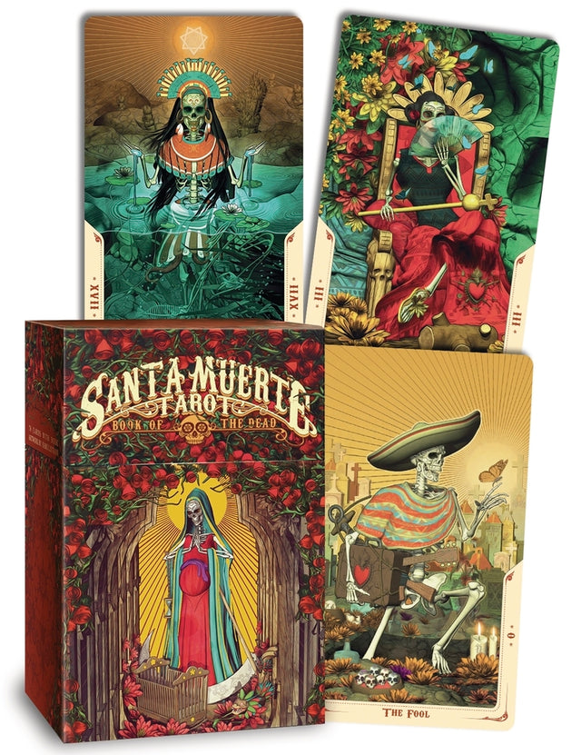 Santa Muerte Tarot deck with vibrant Day of the Dead artwork, featuring skeletal figures and spiritual symbols