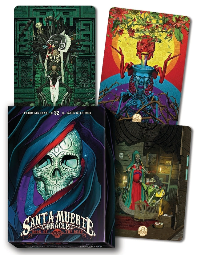 Santa Muerte Oracle deck with vivid tarot cards featuring skeletal figures, mystical symbols, and spiritual artwork for divination.