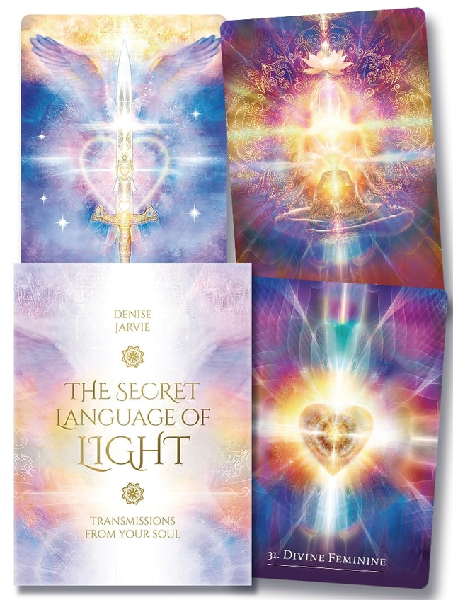 The Secret Language of Light tarot deck with angelic sword, divine feminine, and soul transmission cards