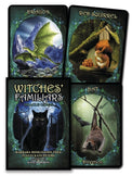 Witches' Familiars Oracle Cards featuring dragon, red squirrel, black cat, and bat illustrations for spiritual guidance
