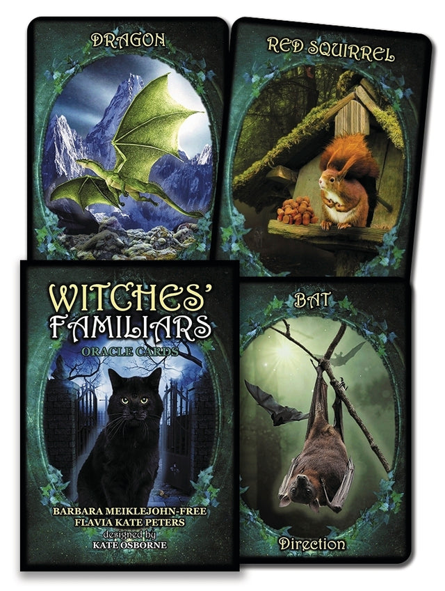 Witches' Familiars Oracle Cards featuring dragon, red squirrel, black cat, and bat illustrations for spiritual guidance