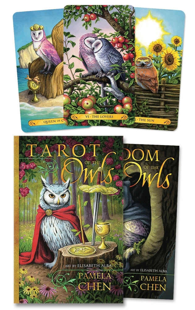 Tarot of the Owls deck by Pamela Chen, featuring mystical owl illustrations and vibrant nature scenes for spiritual guidance.