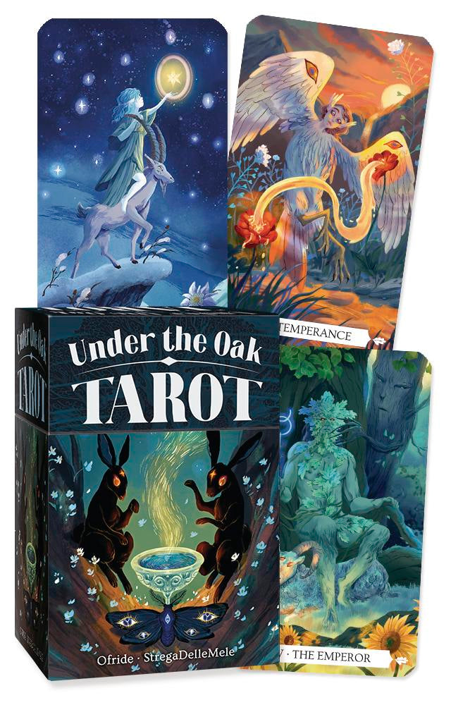Under the Oak Tarot deck with mystical cards featuring celestial, nature, and animal imagery for spiritual readings