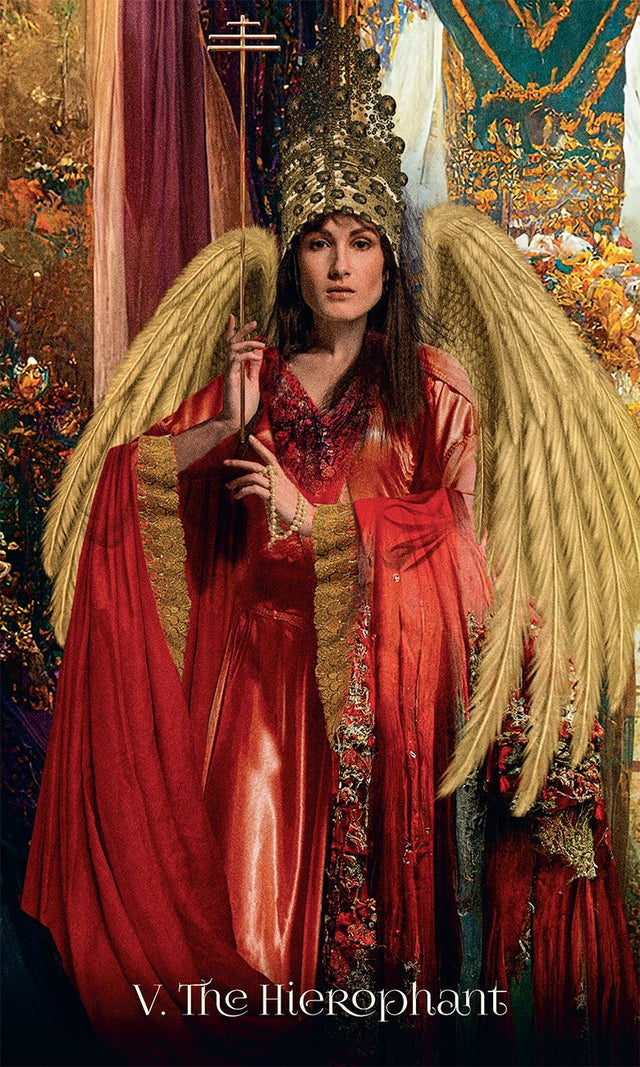 The Hierophant tarot card featuring a robed figure with golden wings and ceremonial staff, symbolizing spiritual guidance and tradition.