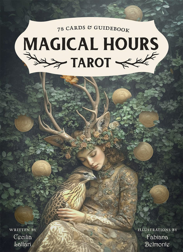 Magical Hours Tarot deck with 78 cards & guidebook, featuring a woman with antlers and a bird in a forest setting