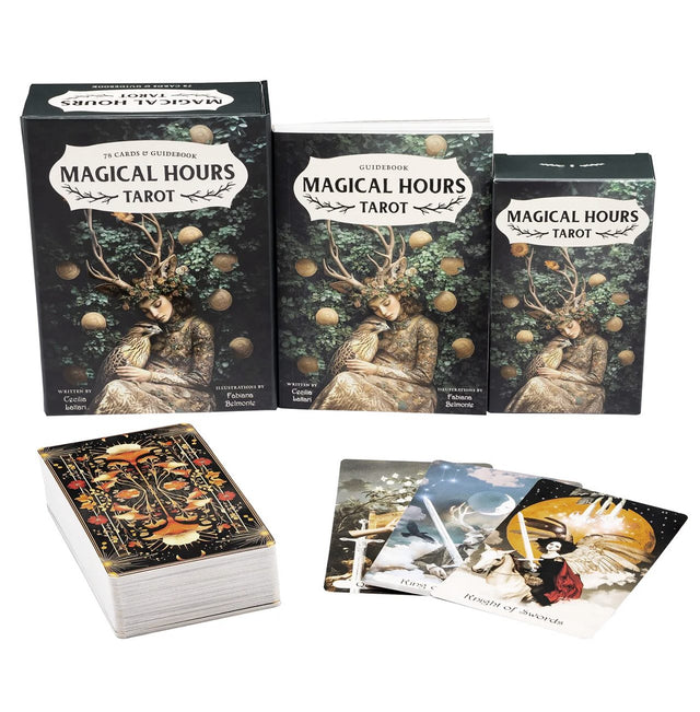 Magical Hours Tarot deck with guidebook, featuring mystical artwork and ornate card designs for spiritual readings