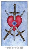 Three of Swords tarot card depicting three swords piercing a red heart on a blue background