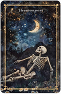 Skeleton under starry night sky with crescent moon and wildflowers, metaphysical art