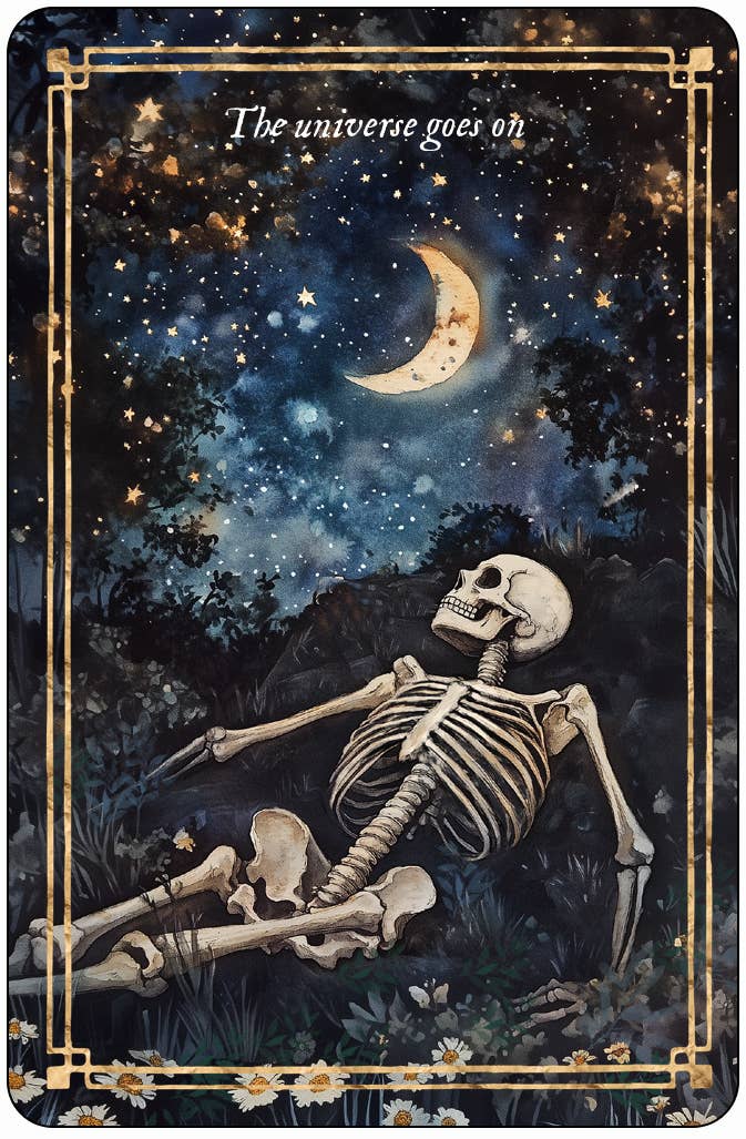 Skeleton under starry night sky with crescent moon and wildflowers, metaphysical art